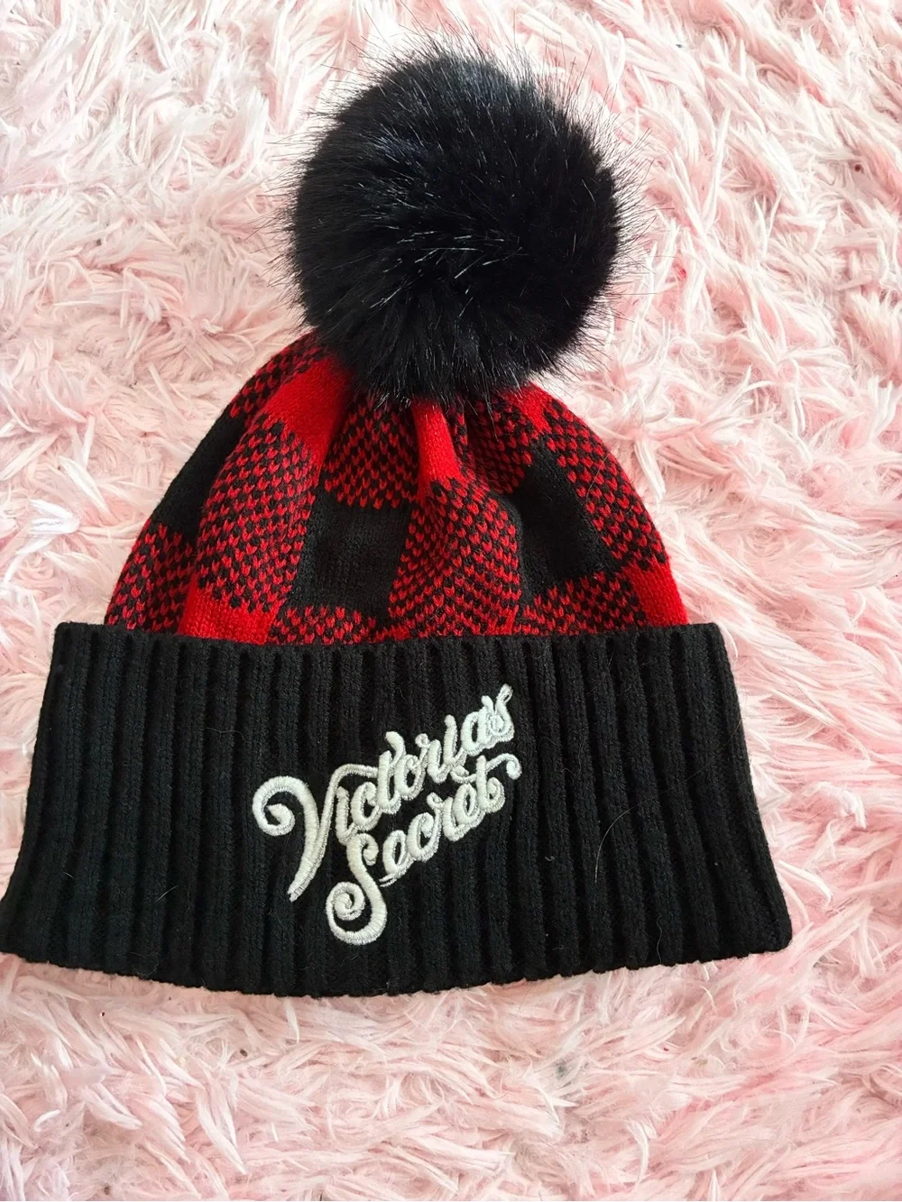 Victoria's Secret Black & Red Pom-Pom Kids Beanie